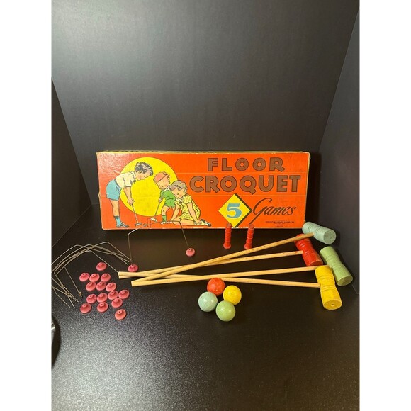 1938 Milton Bradley Floor Croquet 5 Games Vintage Wood Toy Set No.4119 - Picture 2 of 10
